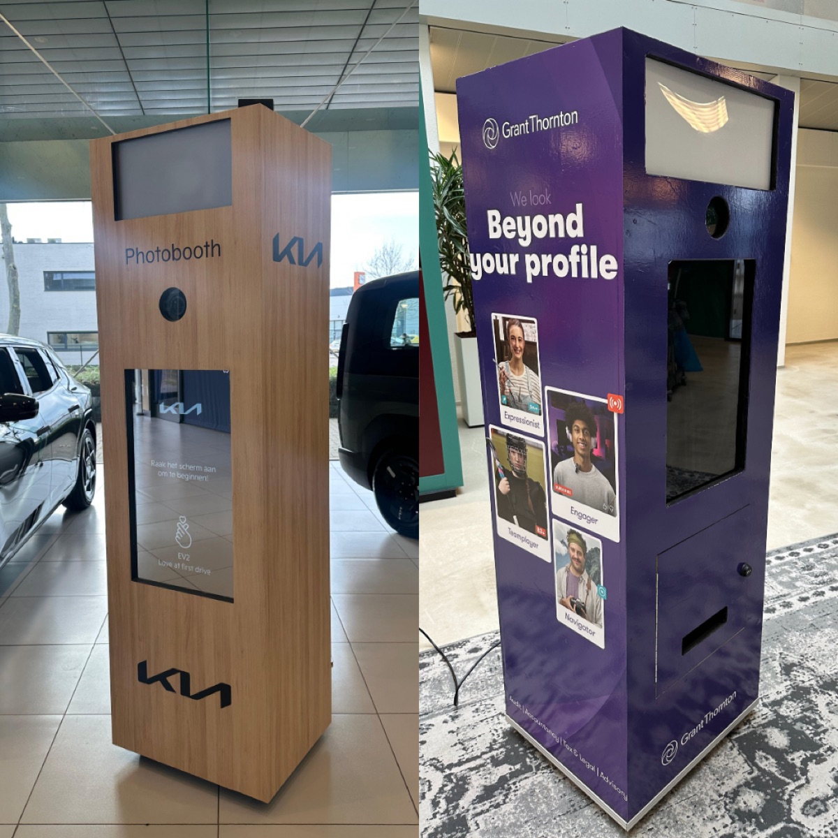 Custom photobooths in de huisstijl van Kia en Grant Thornton