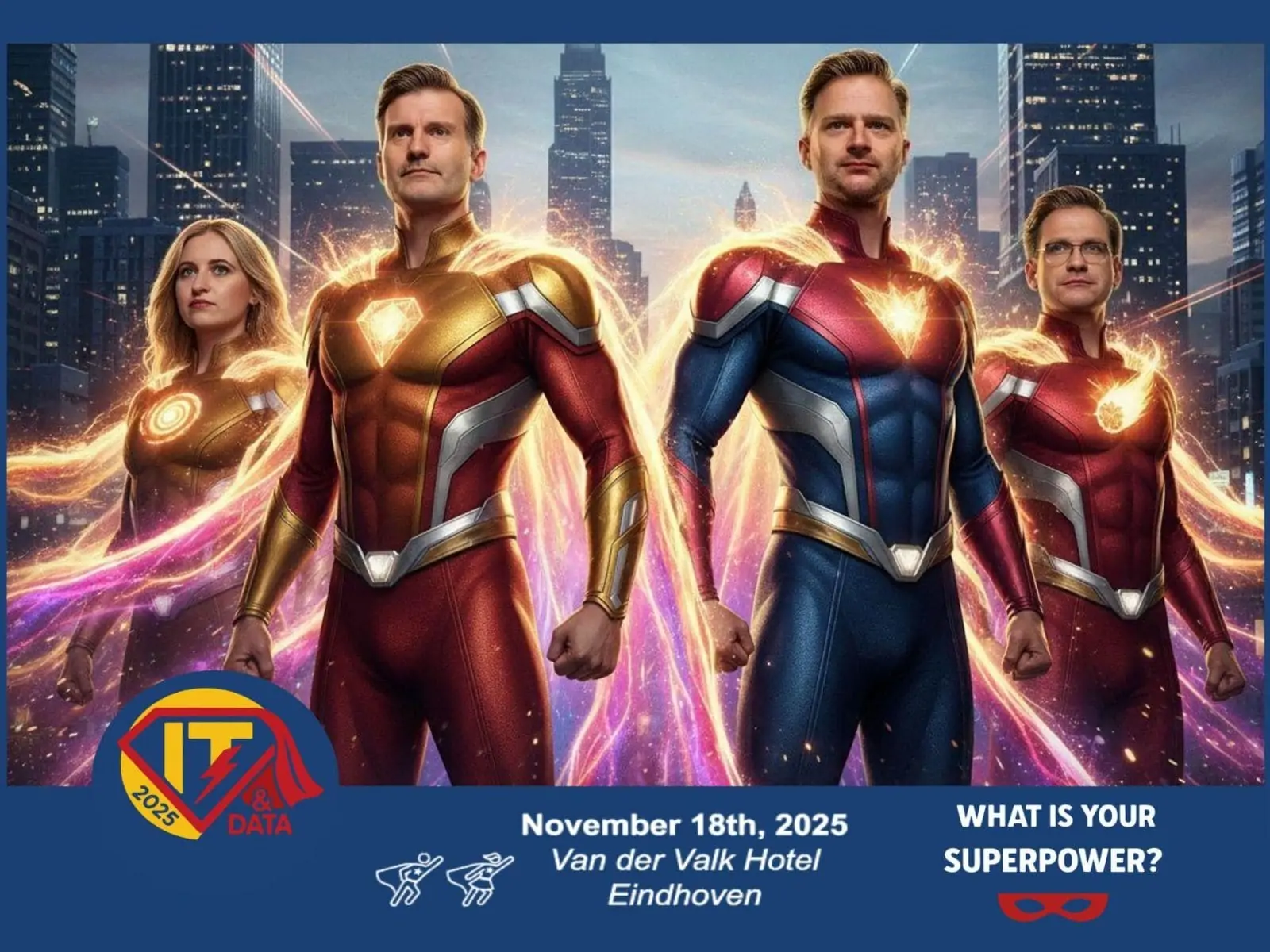 AI-foto van vier collega’s als superhelden, met de branding van het event